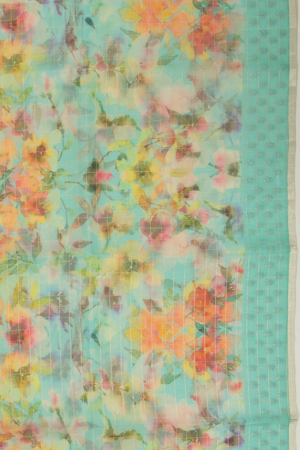 Organza Checks And Floral Printed Green Saree