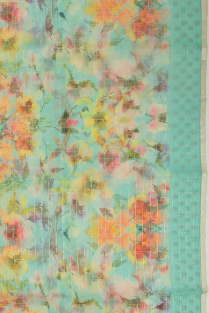 Organza Checks And Floral Printed Green Saree