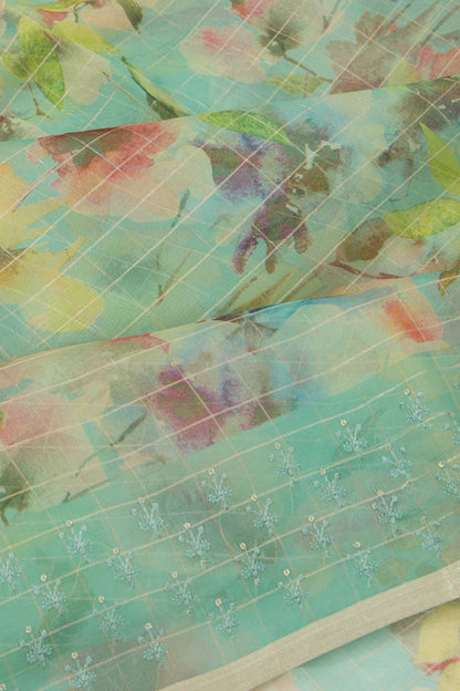 Organza Checks And Floral Printed Green Saree