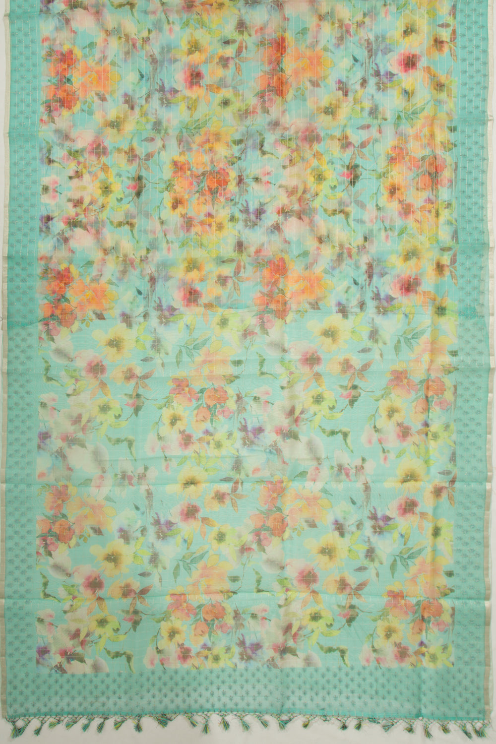 Organza Checks And Floral Printed Green Saree