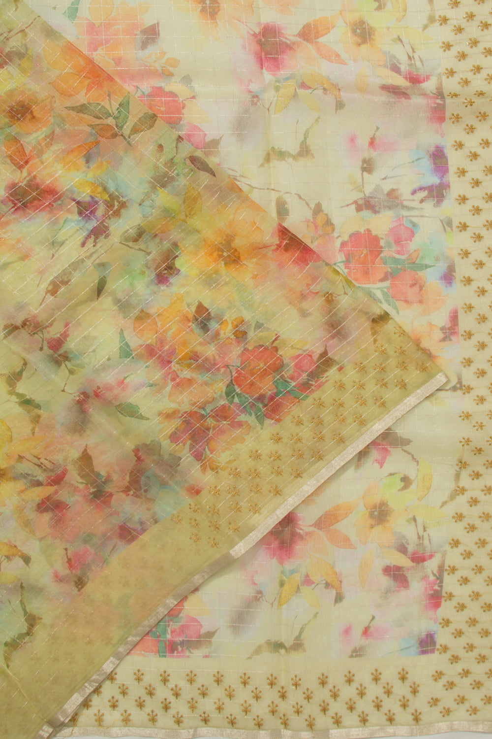 Organza Checks And Floral Printed Yellow Saree