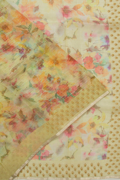 Organza Checks And Floral Printed Yellow Saree