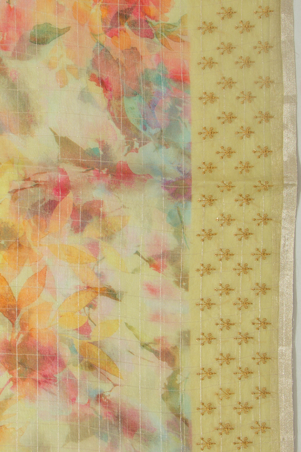 Organza Checks And Floral Printed Yellow Saree