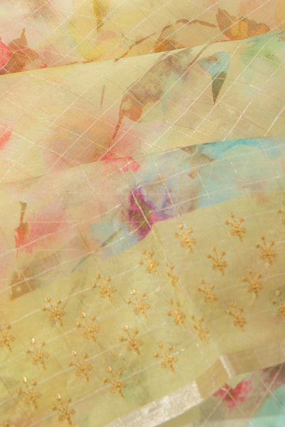 Organza Checks And Floral Printed Yellow Saree