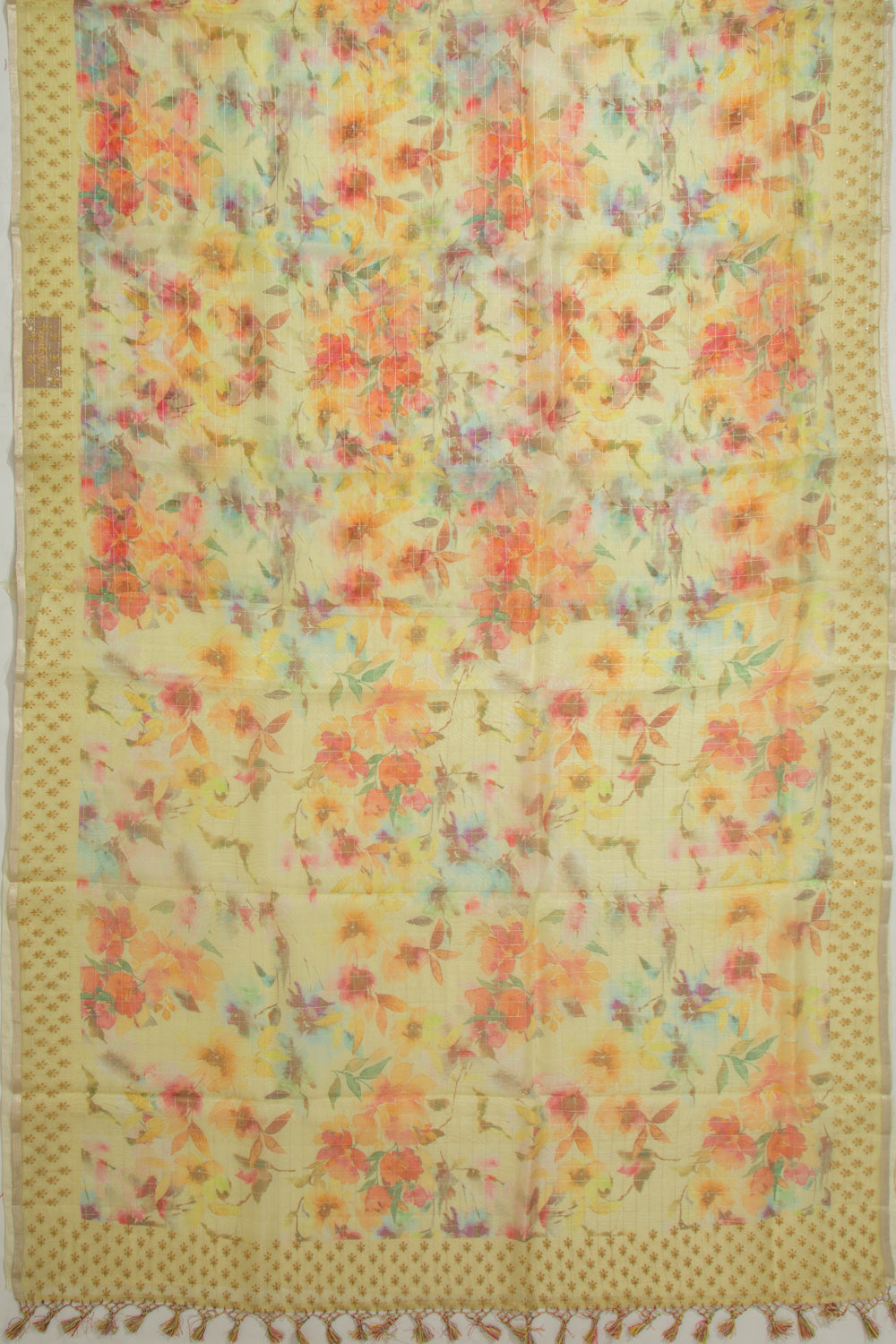 Organza Checks And Floral Printed Yellow Saree