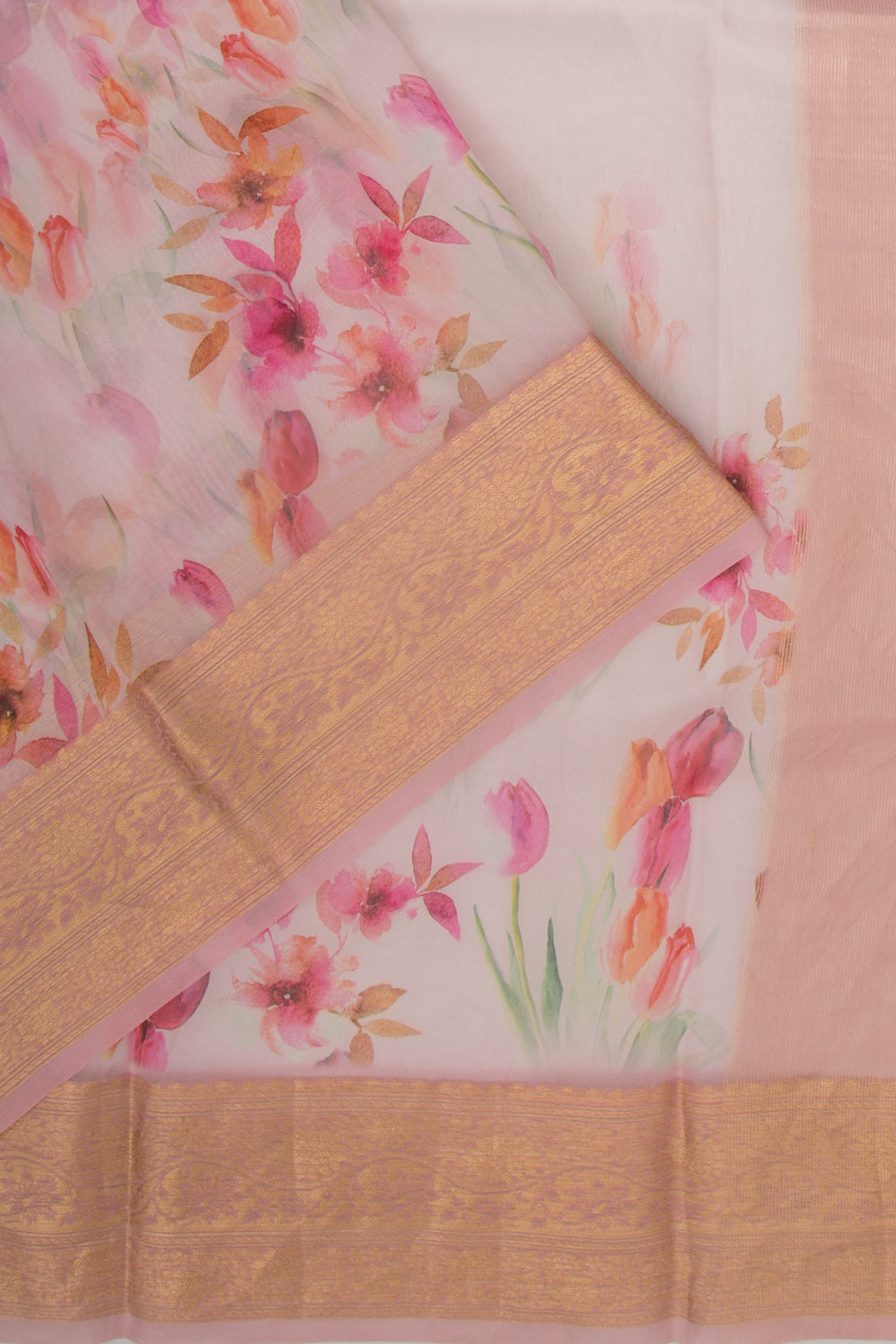 Organza Floral Printed White Saree