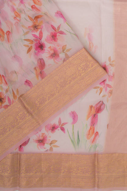 Organza Floral Printed White Saree