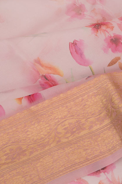 Organza Floral Printed White Saree