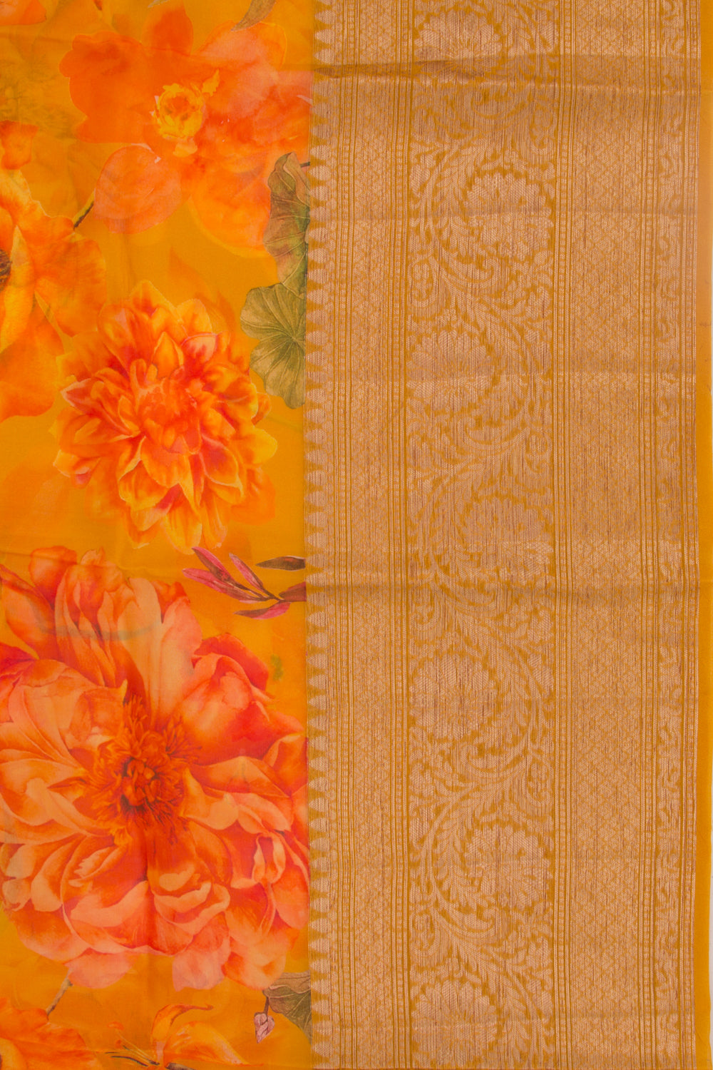 Organza Floral Printed Mustard Yellow Saree