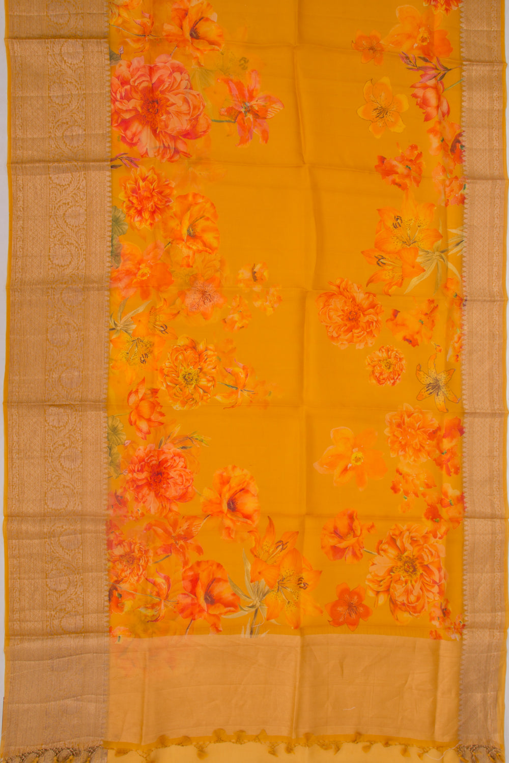 Organza Floral Printed Mustard Yellow Saree