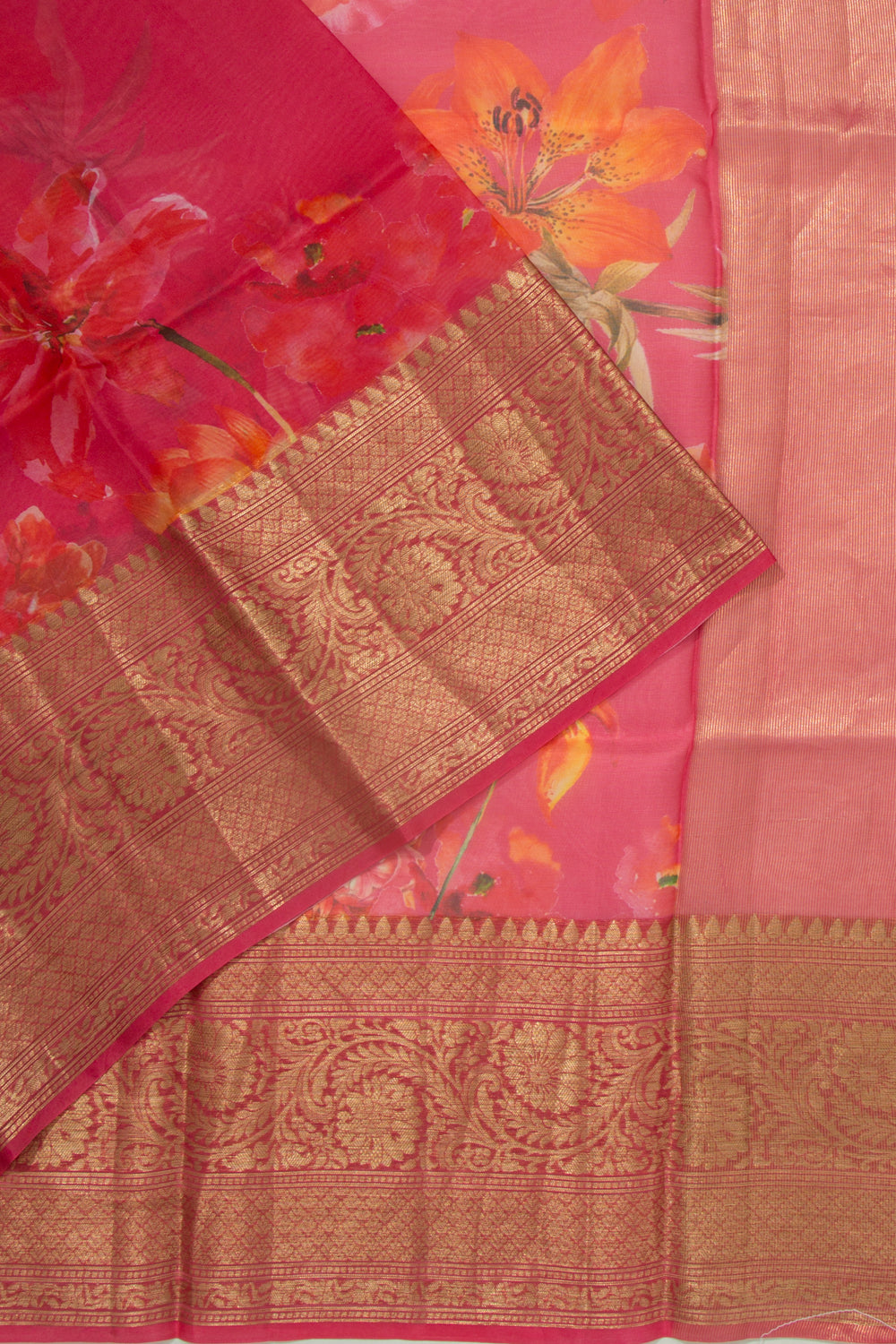 Organza Floral Printed Pink Saree