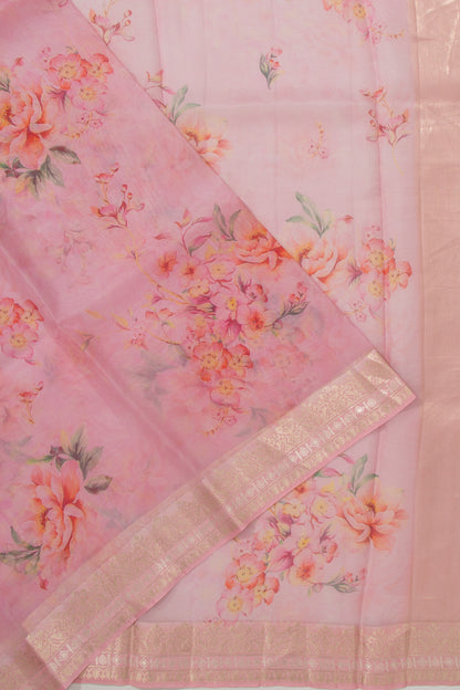 Organza Floral Printed Baby Pink Saree