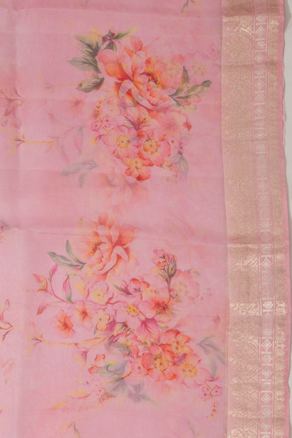 Organza Floral Printed Baby Pink Saree