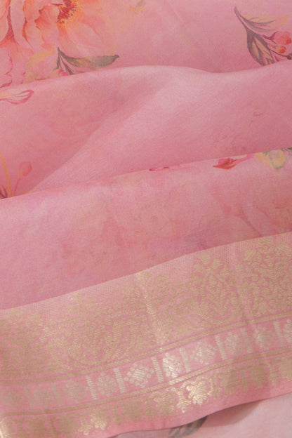 Organza Floral Printed Baby Pink Saree