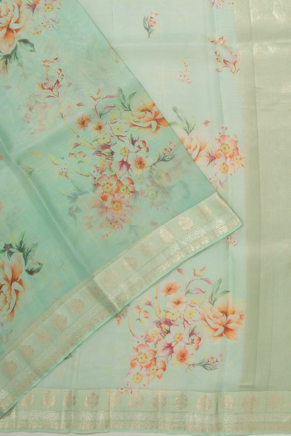 Organza Floral Printed Sea Green Saree