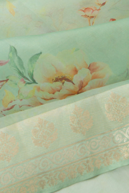 Organza Floral Printed Sea Green Saree