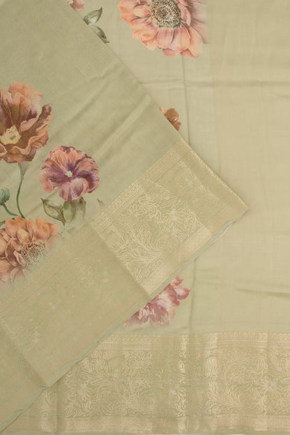 Chiniya Silk Floral Printed Pista Green Saree