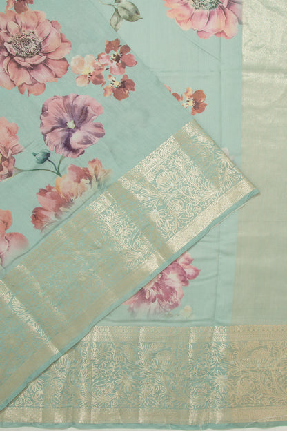 Chanderi Silk Floral Printed Blue Saree