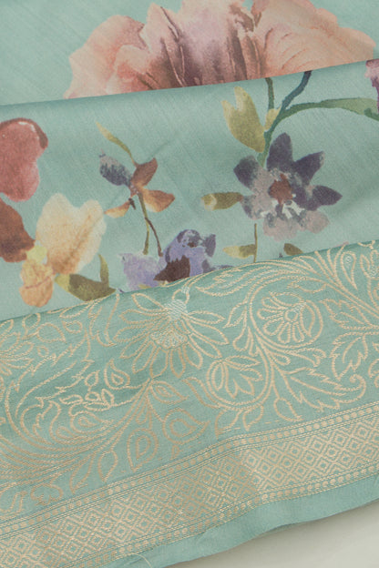 Chanderi Silk Floral Printed Blue Saree