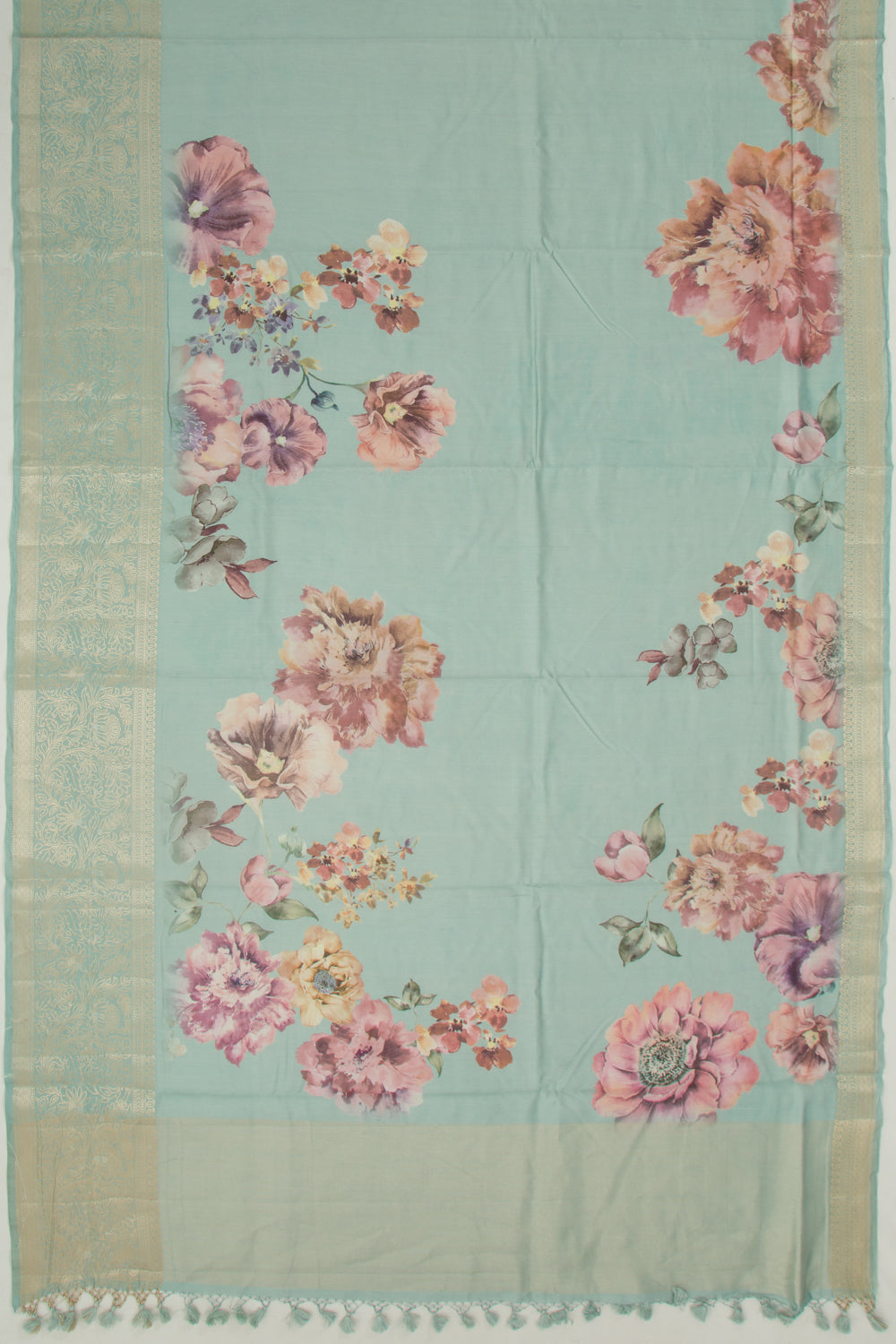 Chanderi Silk Floral Printed Blue Saree