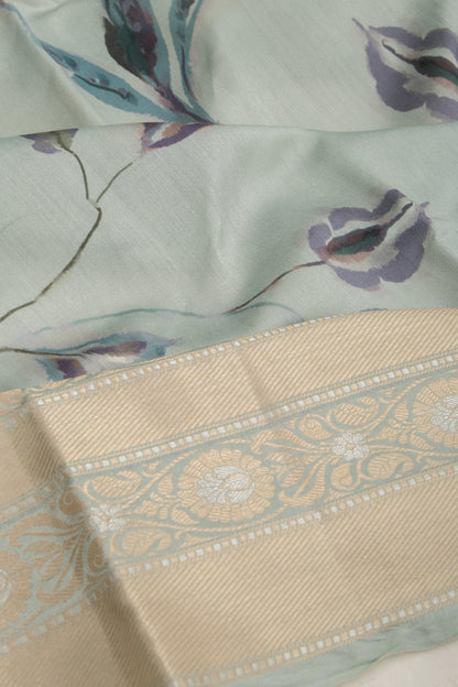 Chiniya Silk Floral Printed Pastel Blue Saree