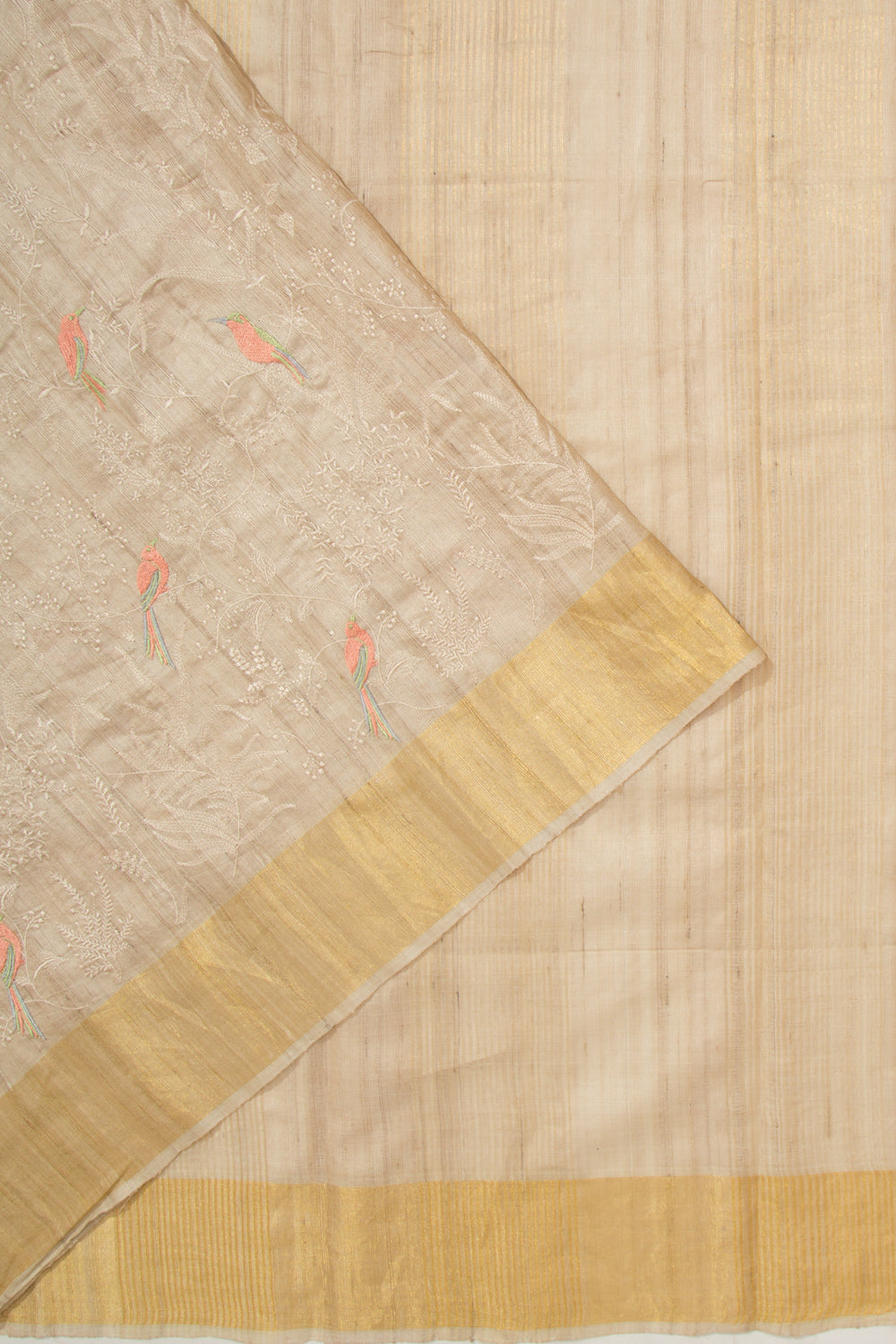 Tussar Floral Embroidery Beige Saree