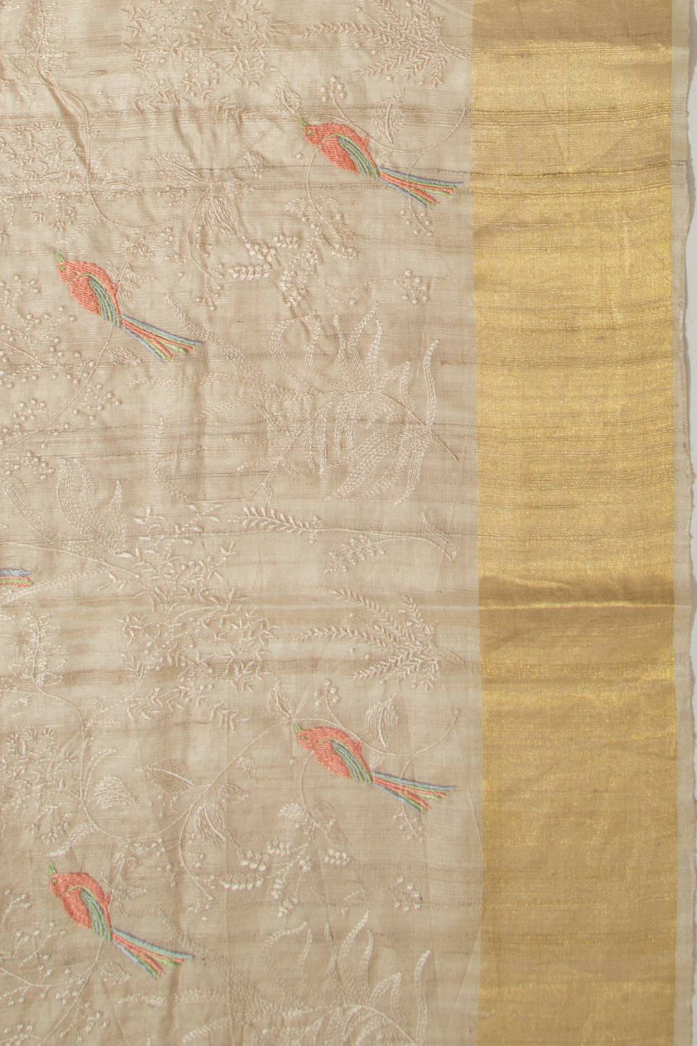 Tussar Floral Embroidery Beige Saree