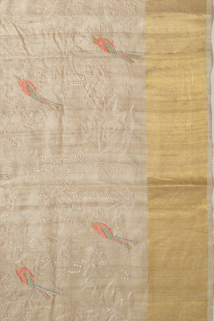 Tussar Floral Embroidery Beige Saree