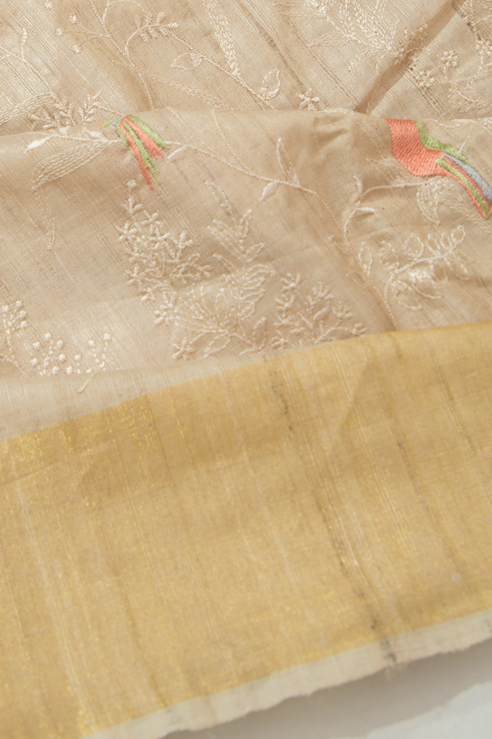 Tussar Floral Embroidery Beige Saree
