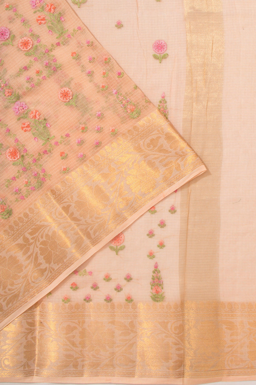 Kota Soft Silk Floral Embroidery Pastel Orange Saree