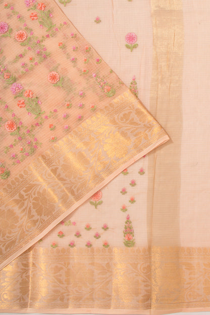 Kota Soft Silk Floral Embroidery Pastel Orange Saree