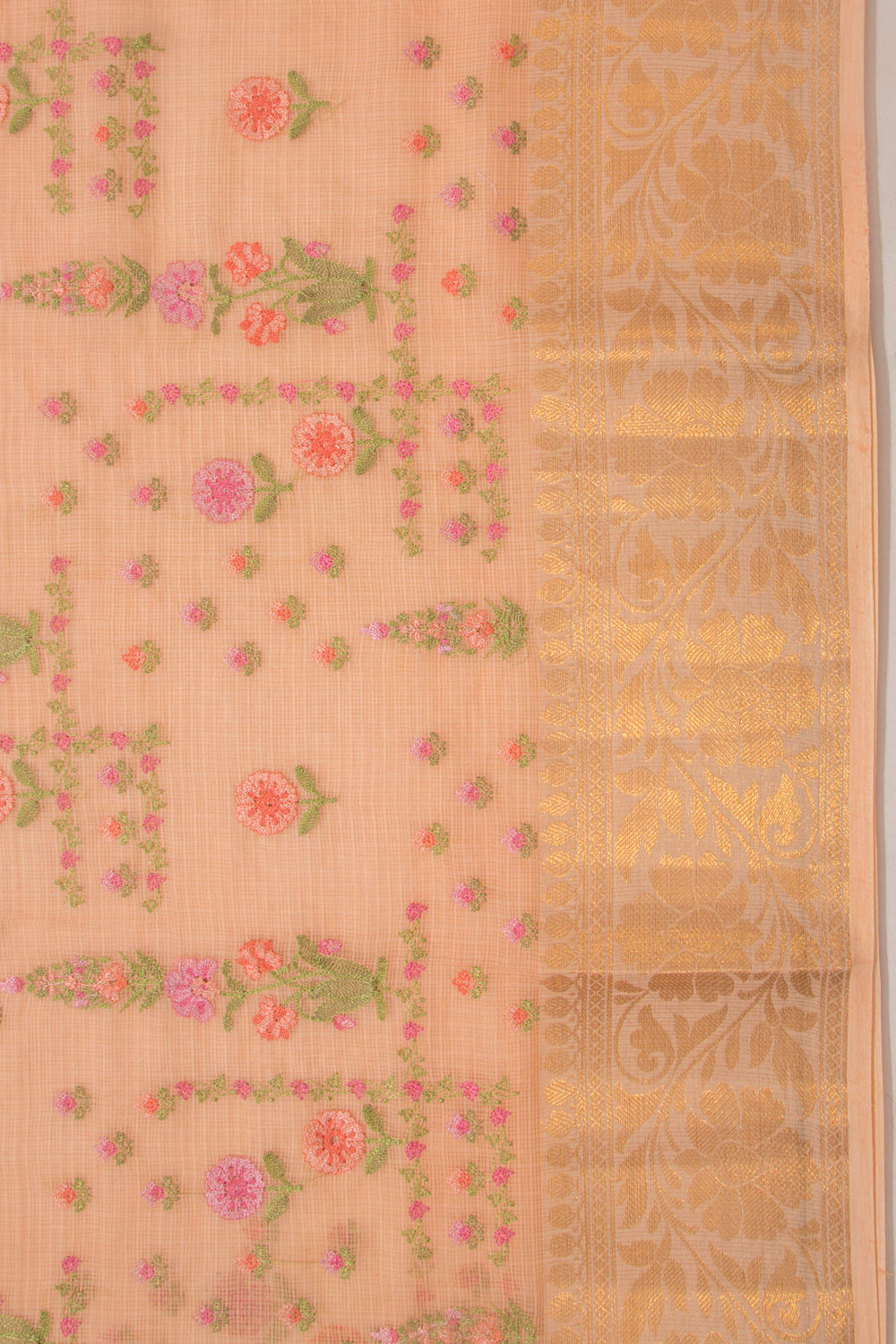Kota Soft Silk Floral Embroidery Pastel Orange Saree