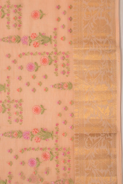 Kota Soft Silk Floral Embroidery Pastel Orange Saree