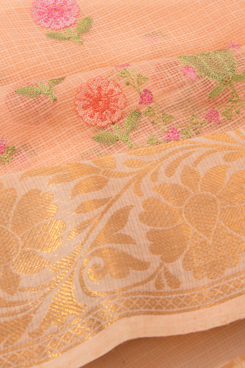 Kota Soft Silk Floral Embroidery Pastel Orange Saree
