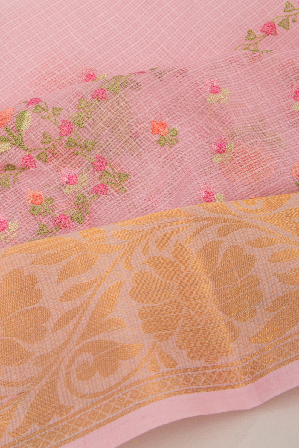 Kota Soft Silk Floral Embroidery Pastel Pink Saree