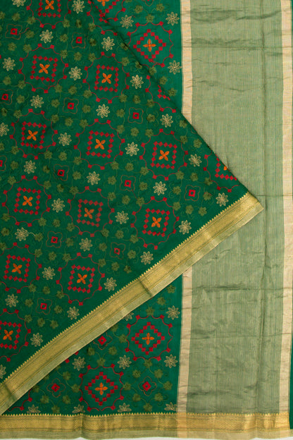 Munga Tussar Floral Embroidery Green Saree