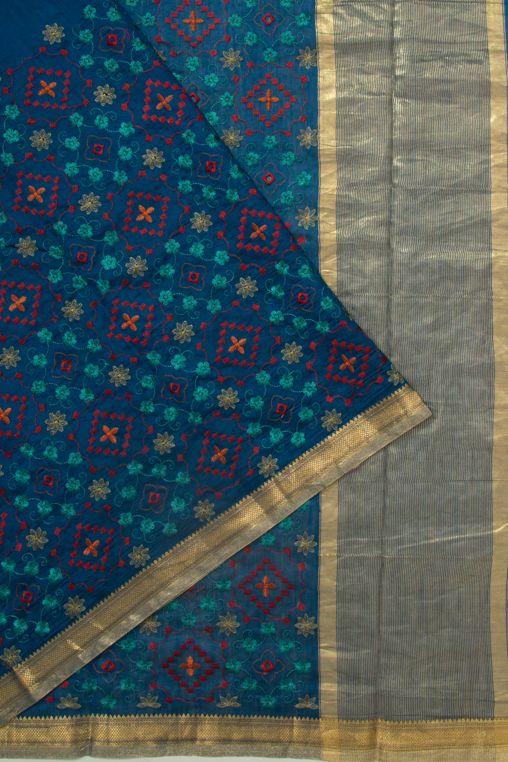 Chanderi Silk Floral Embroidery Dark Blue Saree