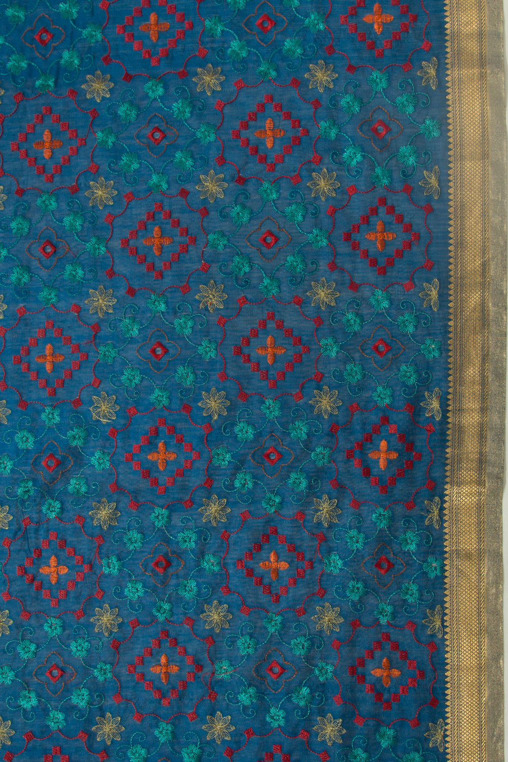 Munga Tussar Floral Embroidery Dark Blue Saree