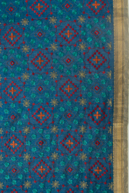 Munga Tussar Floral Embroidery Dark Blue Saree