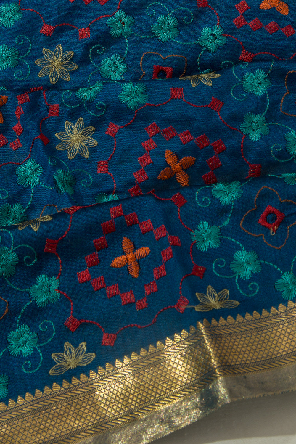 Munga Tussar Floral Embroidery Dark Blue Saree