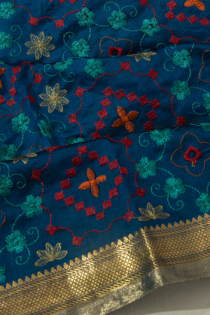 Munga Tussar Floral Embroidery Dark Blue Saree