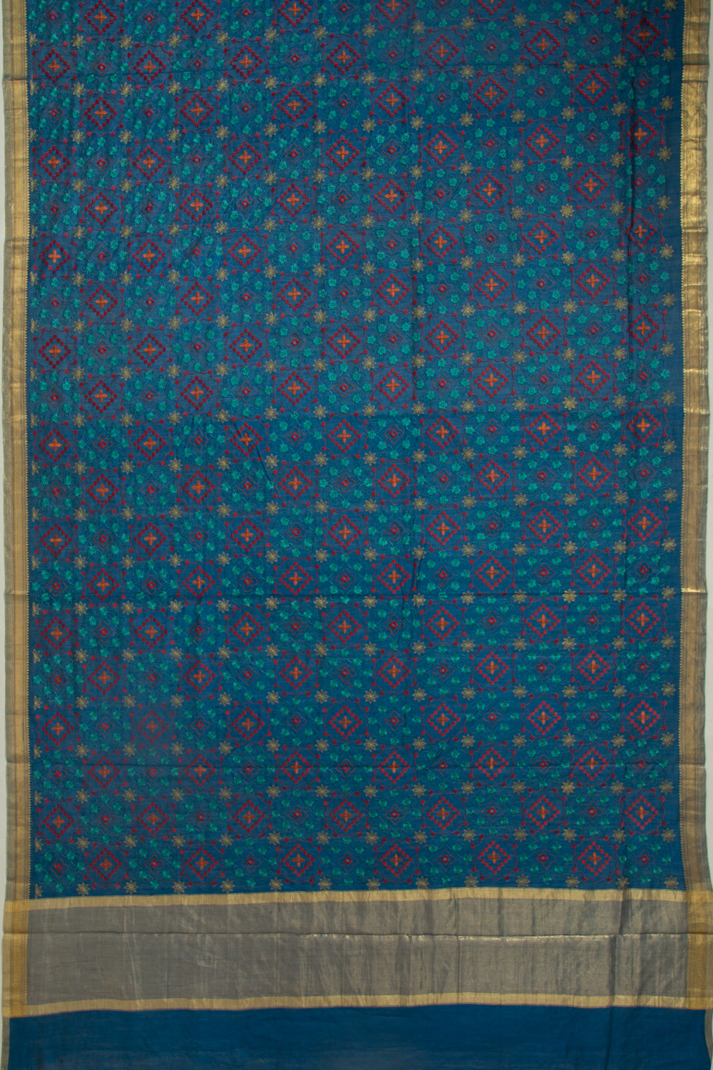 Munga Tussar Floral Embroidery Dark Blue Saree