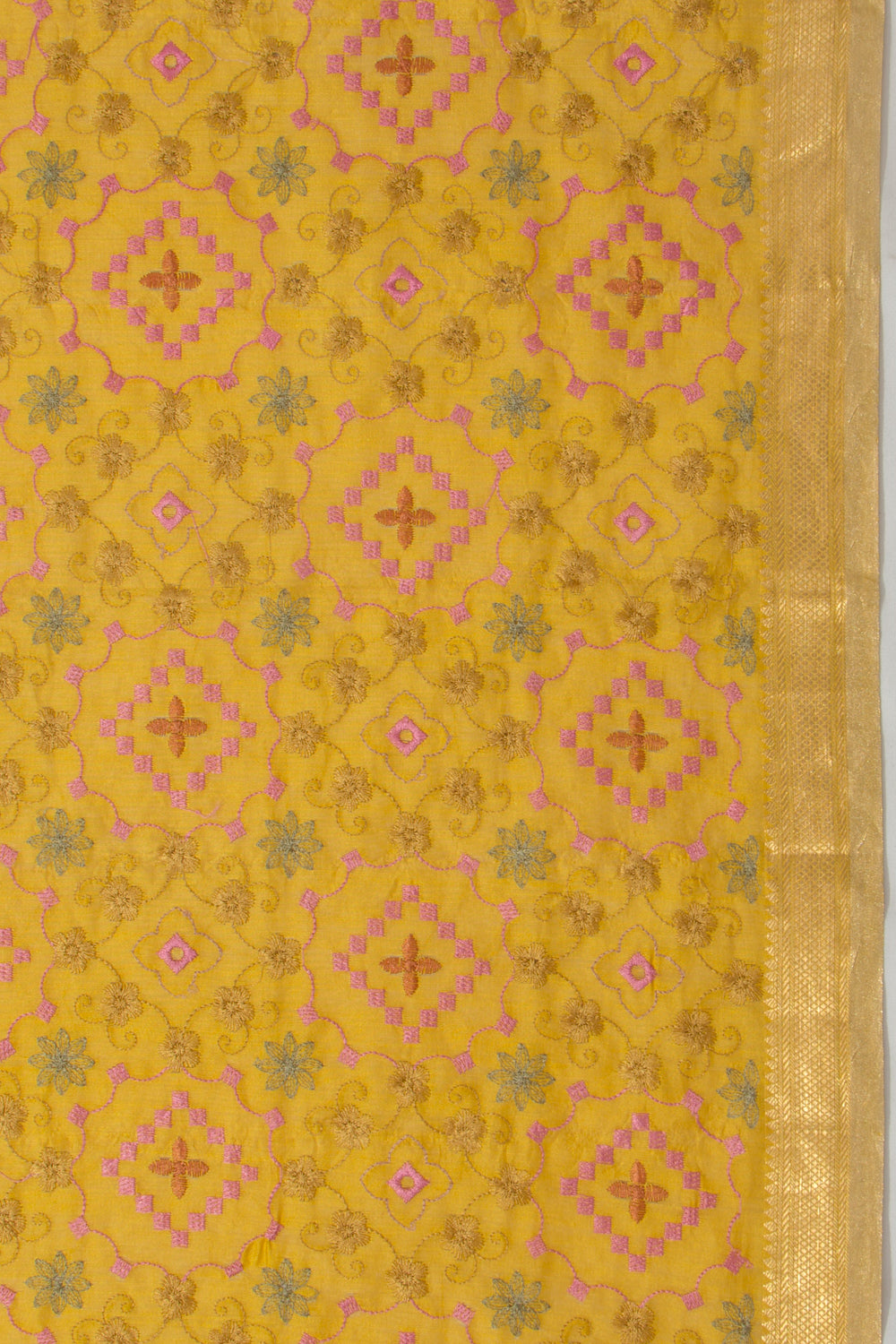 Chanderi Silk Floral Embroidery Mustard Yellow Saree