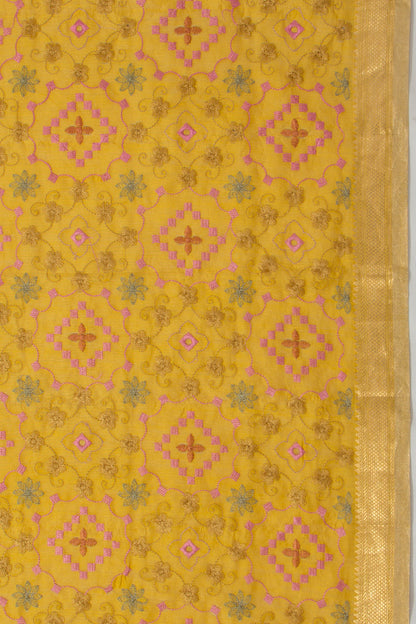 Chanderi Silk Floral Embroidery Mustard Yellow Saree