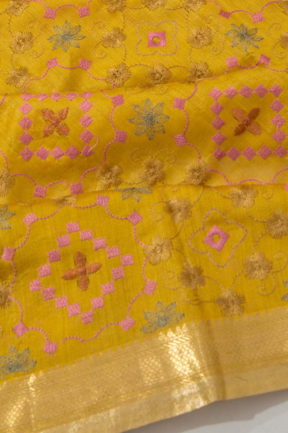 Chanderi Silk Floral Embroidery Mustard Yellow Saree