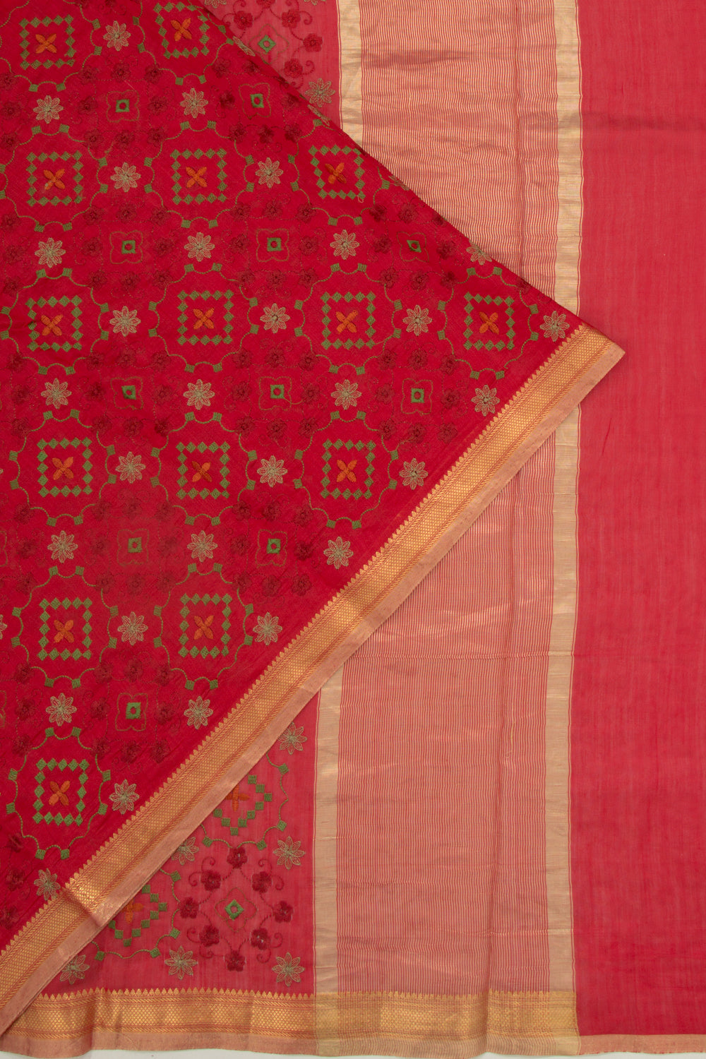 Munga Tussar Floral Embroidery Red Saree