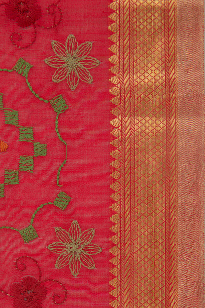 Munga Tussar Floral Embroidery Red Saree
