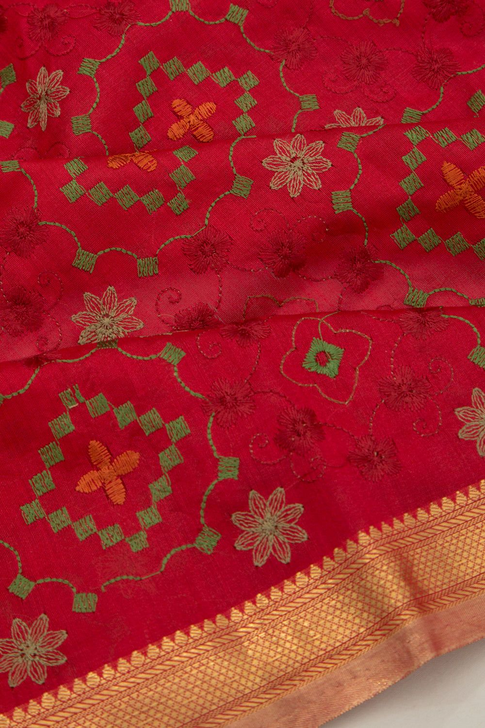 Munga Tussar Floral Embroidery Red Saree