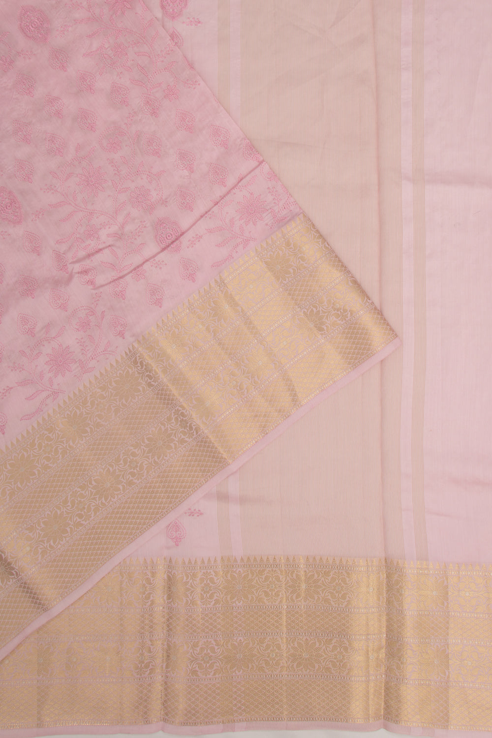 Munga Tussar Floral Embroidery Baby Pink Saree