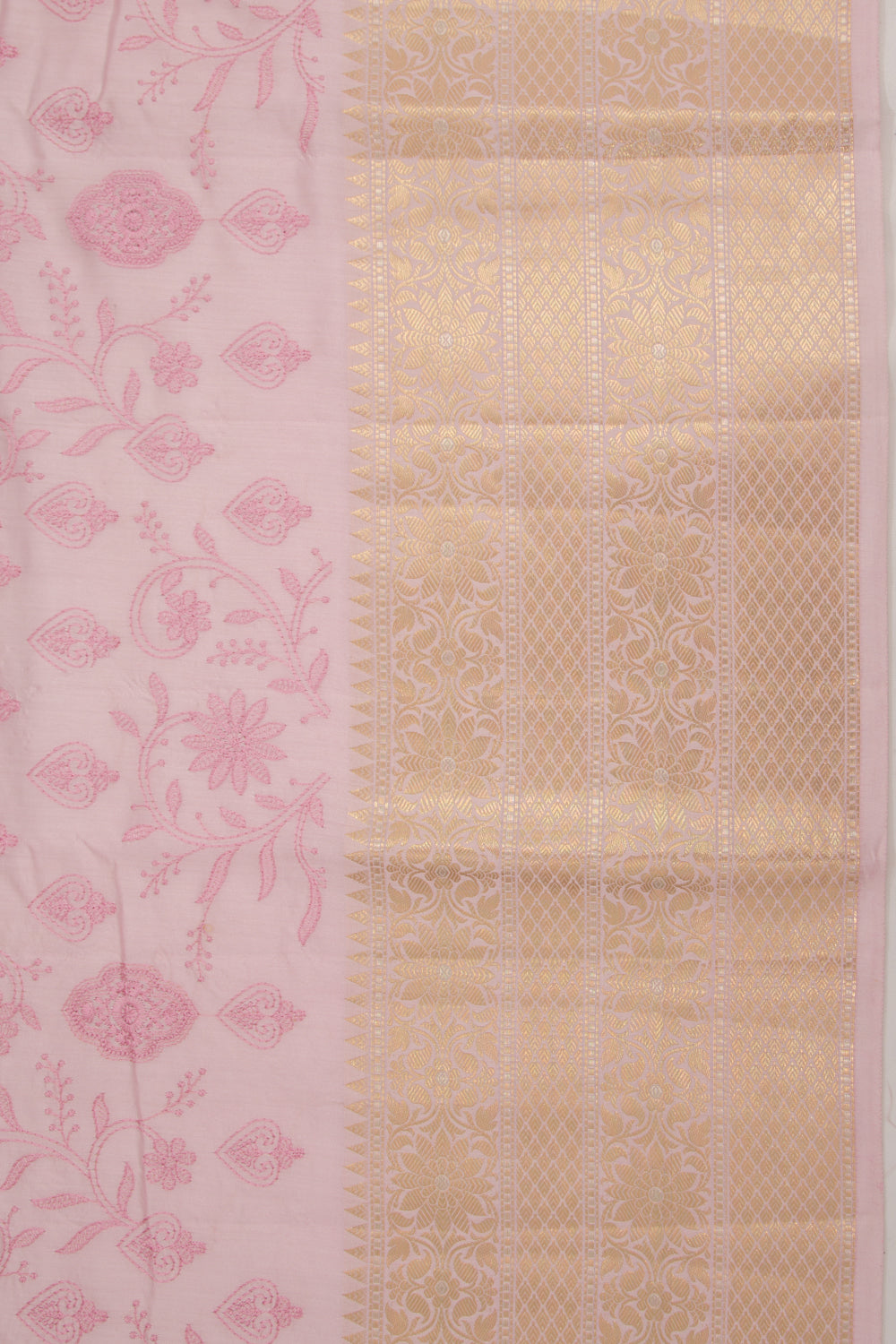 Munga Tussar Floral Embroidery Baby Pink Saree